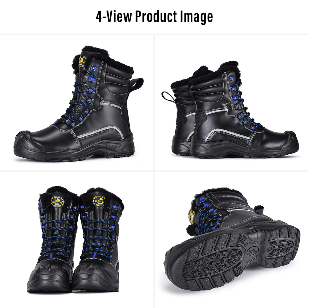 Imagem de quatro visualiza&ccedil;&otilde;es das botas de seguran&ccedil;a de inverno isoladas Safetoe H-9550 IceShield Pro mostrando vistas laterais, frontais, traseiras e da sola com ader&ecirc;ncia de gelo 