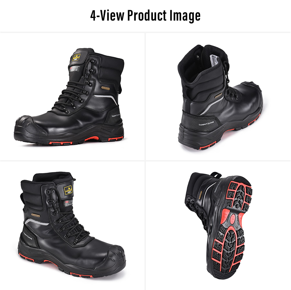 Quatro visualiza&ccedil;&otilde;es de botas de trabalho de minera&ccedil;&atilde;o isoladas &agrave; prova d'&aacute;gua de couro preto H-9552BK