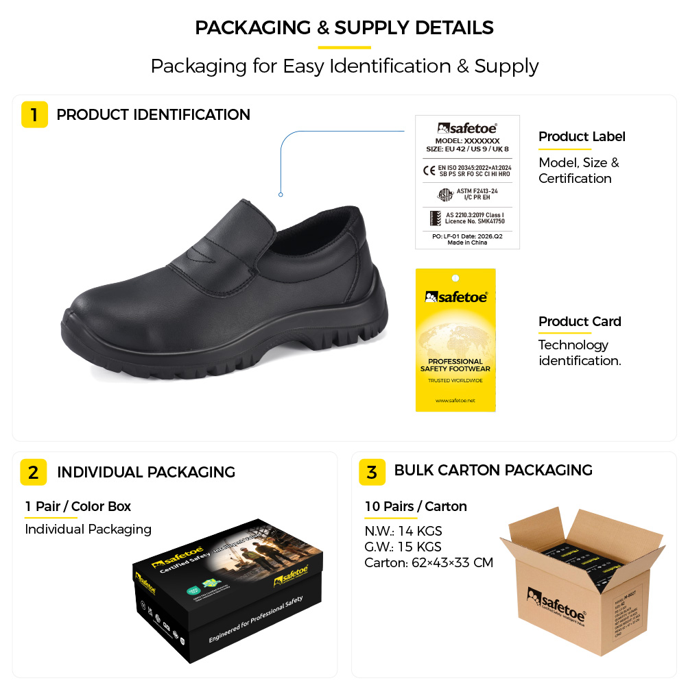 Safetoe L-7019 sapatos de seguran&ccedil;a pretos para ind&uacute;stria de alimentos com etiqueta do produto, caixa de sapato individual e embalagem de papel&atilde;o a granel