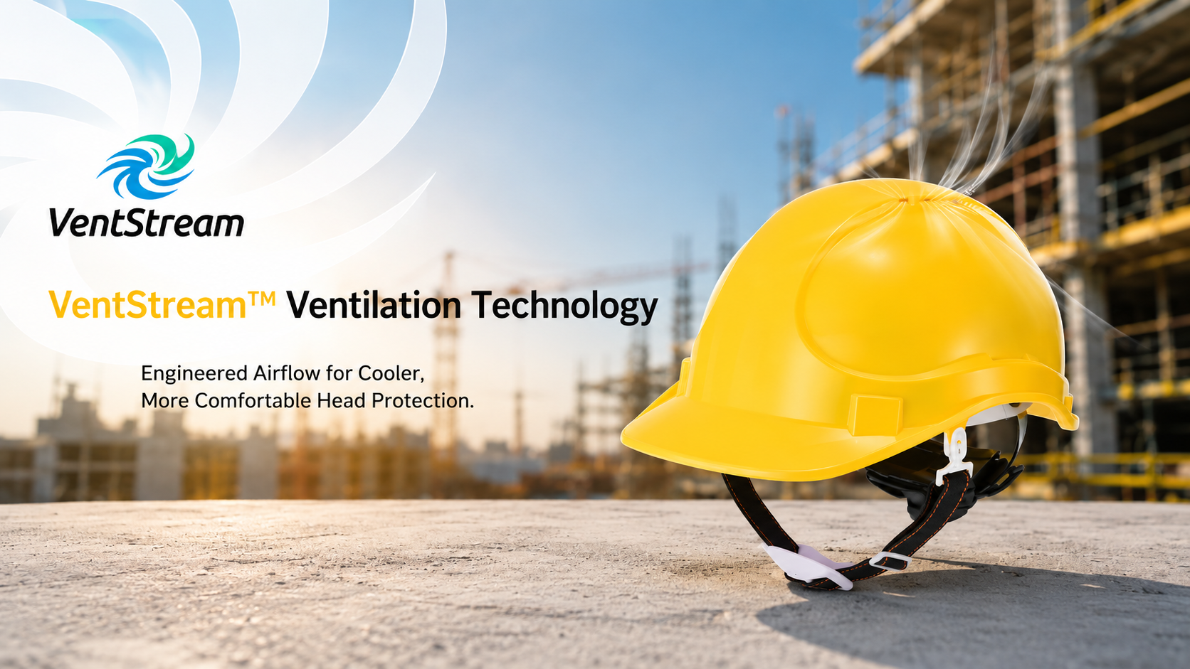 Capacete de seguran&ccedil;a de constru&ccedil;&atilde;o amarelo com tecnologia de ventila&ccedil;&atilde;o VentStream para prote&ccedil;&atilde;o da cabe&ccedil;a mais fresca e confort&aacute;vel