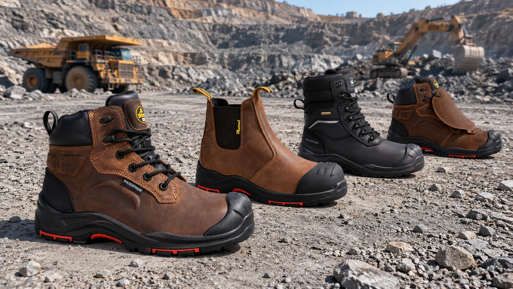 Quatro botas de seguran&ccedil;a de minera&ccedil;&atilde;o exibidas em uma pedreira a c&eacute;u aberto com um caminh&atilde;o de transporte e uma escavadeira