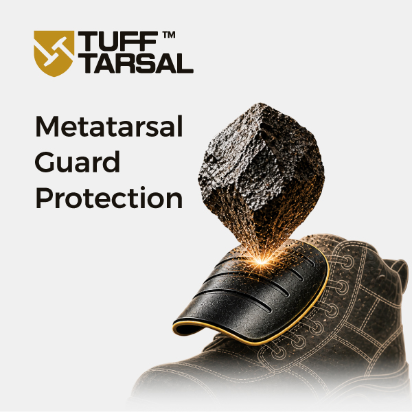 Protetor metatarso externo TuffTarsal protegendo a parte superior do p&eacute; contra riscos de impacto
