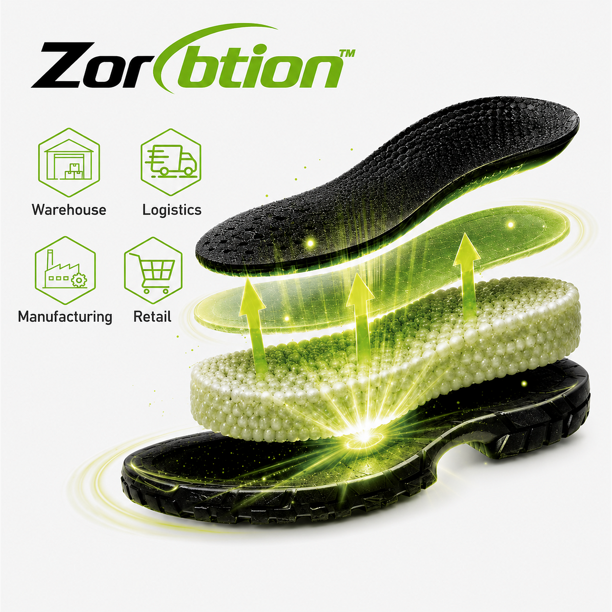 Sistema de amortecimento de calcanhar Zorbtion™ que proporciona absor&ccedil;&atilde;o de choque para cal&ccedil;ados de seguran&ccedil;a