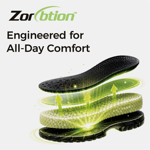 Camadas de amortecimento explodidas mostrando o sistema de absor&ccedil;&atilde;o de choque Zorbtion™ no calcanhar em t&ecirc;nis de seguran&ccedil;a femininos