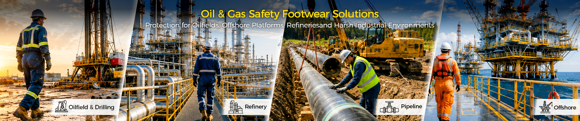 Calçado de segurança Safetoe para petróleo e gás para campos petrolíferos, refinarias, oleodutos e plataformas offshore