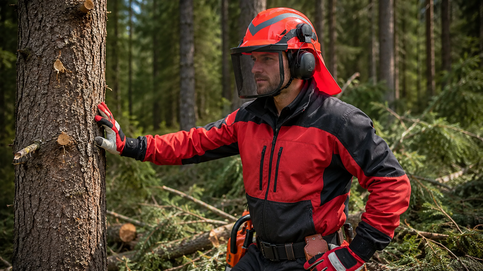 Trabalhador florestal usando capacete de seguran&ccedil;a com protetor facial e prote&ccedil;&atilde;o auditiva