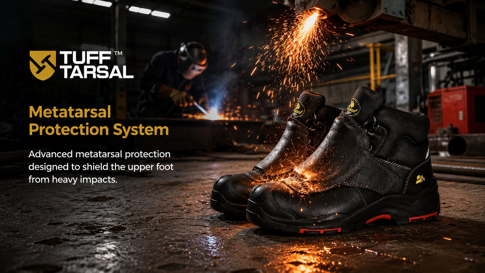 Botas de seguran&ccedil;a pretas com prote&ccedil;&atilde;o metatarsiana TuffTarsal exibidas em uma f&aacute;brica metal&uacute;rgica com fa&iacute;scas de moagem