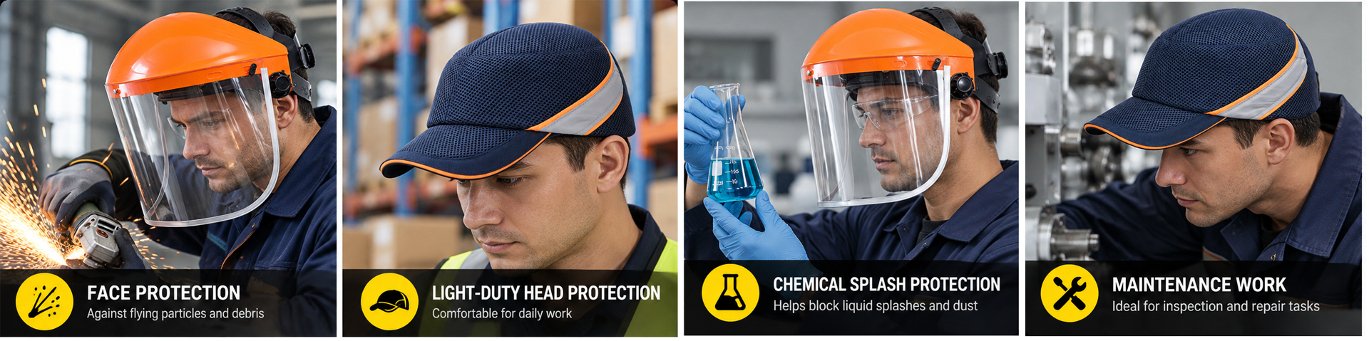 Protetores faciais, protetores faciais e acessórios para proteção no local de trabalho