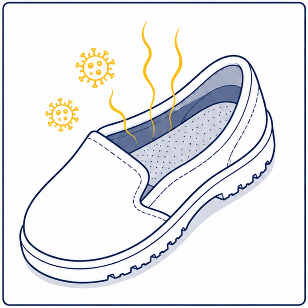 Sapato de seguran&ccedil;a branco para ind&uacute;stria aliment&iacute;cia ilustrando preocupa&ccedil;&otilde;es com odor e higiene