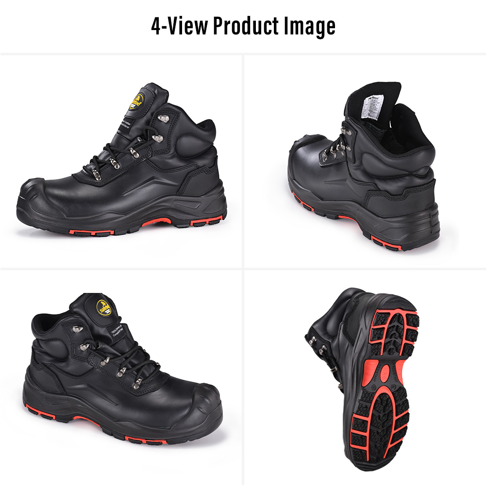 Quatro visualiza&ccedil;&otilde;es de botas de trabalho de minera&ccedil;&atilde;o pesadas de couro preto M-8565