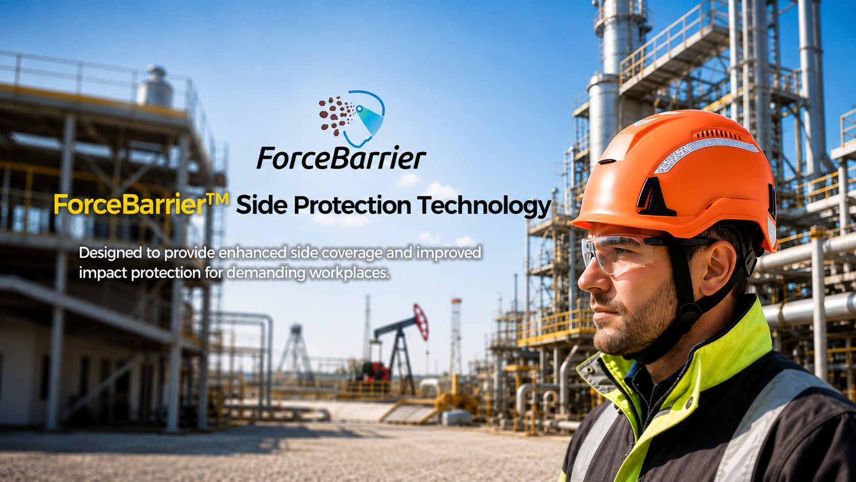 Trabalhador industrial usando capacete de seguran&ccedil;a laranja com tecnologia de prote&ccedil;&atilde;o lateral ForceBarrier