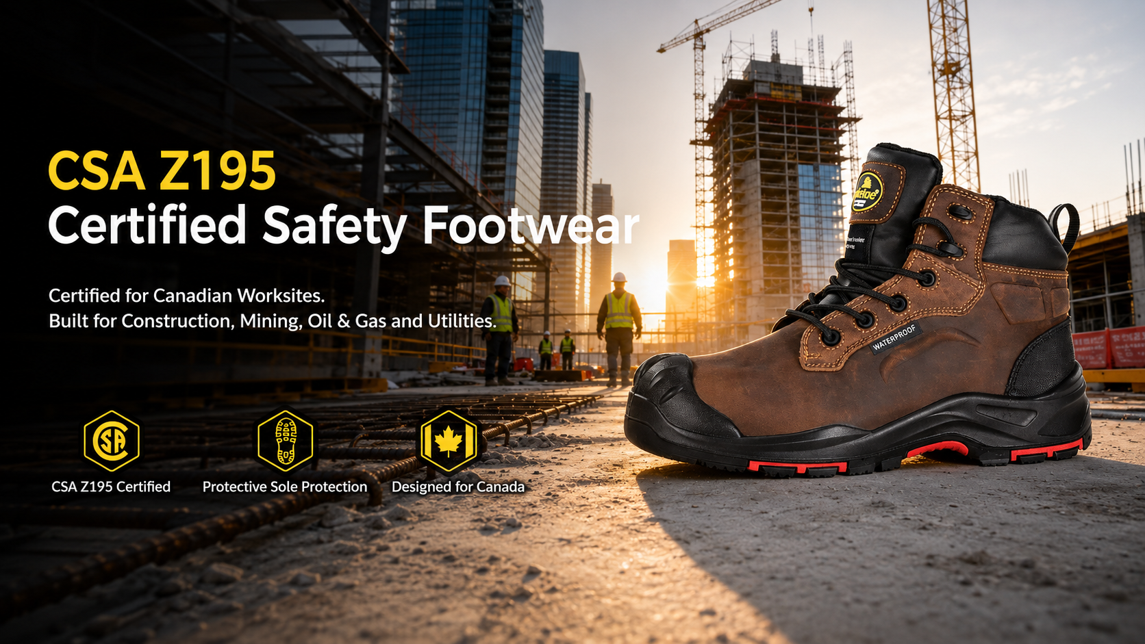 Bota de seguran&ccedil;a marrom imperme&aacute;vel com certifica&ccedil;&atilde;o CSA Z195 exibida em um canteiro de obras canadense com trabalhadores e guindastes